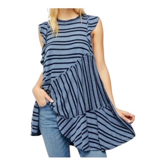 Free People Between The Lines Striped Ruffled Tunic Top in Blue Boho Women's S - Picture 3 of 12